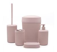 Set bagno accessori completo - 5 pezzi, kit accessori appoggio colorato rosa, include dispenser, portaspazzolini, portasapone, scopino wc e pattumiera 4,2 lt, linea Ring