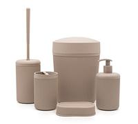 Set bagno accessori completo - 5 pezzi, kit accessori appoggio colorato tortora, include dispenser, portaspazzolini, portasapone, scopino wc e pattumiera 4,2 lt, linea Ring