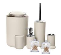 Set Bagno Accessori Completo, 8 Pezzi con Bidone della Spazzatura, Dispenser di Sapone, Portasapone, Portaspazzolino, Tazza per Spazzolino da Denti, Porta Scopino per WC, Qtip Dispenser,Beige