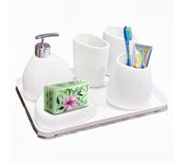 Set Bagno Accessori Completo in Ceramica, 6 Pezzi Set Accessori Bagno Moderno Include Dispenser di Sapone, Portaspazzolino, Coppetta per Collutorio, Scatola per Sapone e Vassoio, Bianco