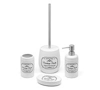 Set Bagno Completo in Ceramica Bianca con Stampe a Contrasto Nere, Include Dispenser Sapone, portaspazzolini, portasapone e portascopino