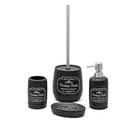 Set Bagno Completo in Ceramica Nera con Stampe a Contrasto Bianche, Include Dispenser Sapone, portaspazzolini, portasapone e portascopino