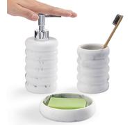 Navaris Set Bagno Porta Sapone e Spazzolini - Set Accessori Bagno 3x Pz - Bicchiere Porta Spazzolino - Portasapone Liquido Bagno - Piattino Porta Saponetta - Effetto Marmo Ondulato