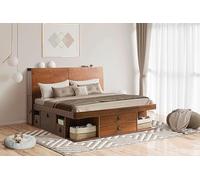 Set Bali Caramello: letto matrimoniale 160x200 + testiera 170 + rete a doghe. Letto e testiera in legno di pino massiccio con molto spazio di stoccaggio e cassetti, ideale per piccole stanze