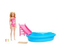 Barbie Doll and Pool Playset, Blonde in Tropical Pink One-Piece Swimsuit with Po