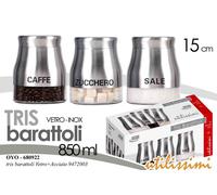 TRIS BARATTOLI VETRO COLOR ACCIAIO 11X14CM 750ML SALE-ZUCCHERO-CAFFE' OYO-772016