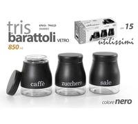 SET Barattoli Sale Zucchero Caffè Tris 3 METALLO NERO Vetro CUCINA 850ML 1510cm