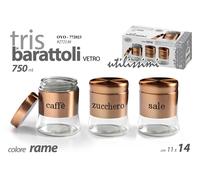 SET Barattoli Sale Zucchero Caffè Tris 3 METALLO RAME Vetro 750 ML 1411cm