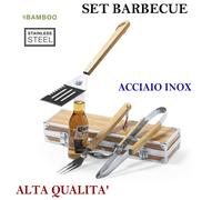 SET BARBECUE ACCIAIO INOX PINZE PALETTA FORCHETTONE BAMBOO CUSTODIA 3 ACCESSORI