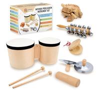 Set batteria e strumenti musicali per bambini piccoli - Set di strumenti a percussione in legno Montessori con tamburo per bongo, campane jingle, piatti, nacchere e guiro