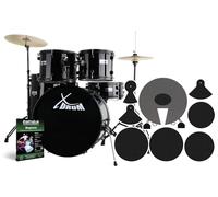Set Batteria XDrum Rookie Nero: 20" BD, 10",12",14" TT, 14" SD, piatti esercizio Hi-Hat 14", Crash-Ride 16", scuola e set smorzatori inclusi.