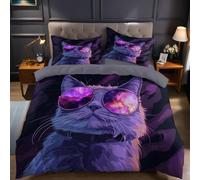 Set Biancheria da Letto Animali gatto nero e viola Copripiumino Matrimoniale 260x 40 cm, 3 Pezzi in Microfibra con 2 Federe 50x80 cm, Stampa 3D e Chiusura a Cerniera