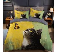 Set Biancheria da Letto Matrimoniale 240x220 cm Animale gatto nero e farfalla Stampa 3D Copripiumino 2 Federe 50x80 cm, Copripiumino Matrimoniale in Poliestere e Microfibra