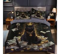 Set Biancheria da Letto Matrimoniale 240x220 cm Gatto nero animale e banconote Stampa 3D Copripiumino 2 Federe 50x80 cm, Copripiumino Matrimoniale in Poliestere e Microfibra