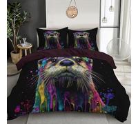 Set Biancheria Da Letto Matrimoniale 3 Pezzi 3D Stampa Set Copripiumino In Microfibra Lontra Carina 220 X 230 Cm Copripiumini Pittura Ad Acquerello Animali Con Cerniera E 2 Federe 50X80Cm Nero