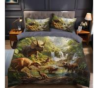 Set Biancheria da Letto Mondo dei dinosauri dei cartoni animati Copripiumino Matrimoniale 260x 40 cm, 3 Pezzi in Microfibra con 2 Federe 50x80 cm, Stampa 3D e Chiusura a Cerniera