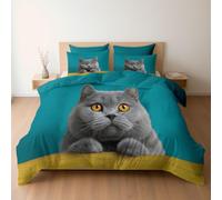 Set Biancheria da letto per Bambini, (Animale Cartoon Gatto British Shorthair) Set Completo Copripiumino Doppia 200 x 200 cm e Federa per Ragazzi Ragazze Bambino, Verde Petrolio