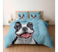 Set Biancheria da letto per Bambini, (Cartoon Felice Boston Terrier) Set Completo Copripiumino Singolo 135 x 200 cm e Federa per Ragazzi Ragazze Bambino, Azzurro Chiaro