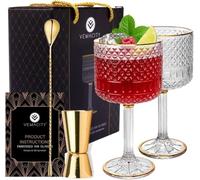 Set Bicchieri Gin Tonic di Lusso | 2 Bicchieri con Decorazioni Dorate (450ml) | 3 Bordi Oro, Cucchiaio Bar e Misurino | Kit Gin Tonic Regalo | Bicchiere per Aperitivo | Ideale per Natale e Capodanno