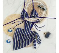Set bikini 3 pezzi in tessuto testurizzato a righe blu e bianche, top triangolare con scollo all'americana, schiena scoperta, fibbia decorativa a conchiglia e lacci laterali, slip triangolari + gonna 