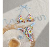 Set bikini a 2 pezzi con stampa di frutta e verdura su tutto il capo, con laccetti al collo, adatto per le vacanze estive L,M,S,XSTropicale,PianteTessuto