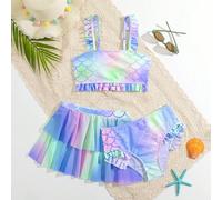 Set bikini a 3 pezzi da ragazza con stampa a scaglie di sirena, adatto per l'estate e la spiaggia 8Y,9Y,10Y,11-12YA strisce,stampa dappertuttoTessuto,Tessuto in tulle