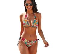 Set Bikini a Due Pezzi con Motivo a Cuori Colorati per Donna, Bikini Sexy e alla Moda con Scollo all'Americana.