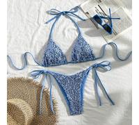 Set bikini a due pezzi con reggiseno a triangolo in tessuto con texture a paillettes e slip con lacci ai lati, sexy costume da bagno estivo da donna L,M,S,XSPianteTessuto