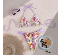 Set bikini a due pezzi con stampa di frutta e verdura su tutto il capo, con laccetti al collo, adatto per le vacanze estive L,M,S,XSPiante,Stampa CasualeTessuto