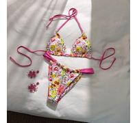 Set bikini a due pezzi con stampa di frutta e verdura su tutto il capo, con laccetti al collo, adatto per le vacanze estive L,M,S,XSVichy,Lettere,Frutta & verduraTessuto