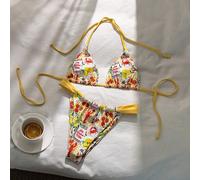 Set bikini a due pezzi con stampa di frutta e verdura su tutto il capo, con laccetti al collo, adatto per le vacanze estive L,M,S,XSPianteTessuto