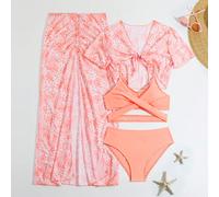 Set bikini a due pezzi stampato per ragazze adolescenti composto da quattro pezzi per l'estate in spiaggia 8-9Y,10-11Y,12-13Y,14YPianteTessuto
