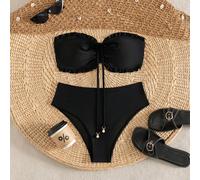Set bikini a fiori con volant, senza spalline, con pendente di perle delicato e laccio, adatto per vacanze estive in spiaggia L,M,S,XL,XXLColore unicoTessuto