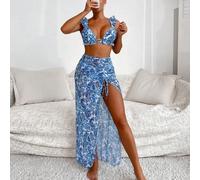 Set bikini a fiori patchwork stile vacanza signore con pennellate raffinate ed eleganti, composto da tre pezzi abbinato a gonna copri costume con coulisse, ideale per la spiaggia in estate L,M,S,XL,XS