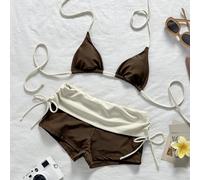 Set bikini color-block composto da un top a triangolo con laccio al collo e pantaloncini avvolgenti a vita alta. Snellente e coprente per il grasso corporeo. Costume da bagno estivo per gite in spiagg