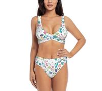 Set bikini colorato con fiori di scarabocchio costume da bagno due pezzi per le donne con pantaloncini costume da bagno a due pezzi con scollo all'americana, Nero , S