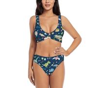 Set bikini colorato elefante e Lea Costume da bagno due pezzi Set per le donne con pantaloncini Costume da bagno due pezzi Halter Neck, Nero , L