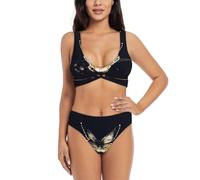 Set bikini con ali di farfalla Costume da bagno due pezzi per le donne con pantaloncini Costume da bagno due pezzi Halter Neck, Nero , M
