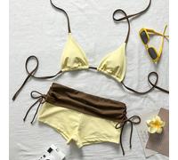 Set bikini con coppe a triangolo con laccetti al collo e shorts a vita alta per nascondere il grasso, costume da bagno estivo per vacanze alle sorgenti termali, giallo burro, casual tropicale L,M,S,XS