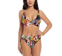 Set bikini con lettere e numeri Costume da bagno Due pezzi Set per le donne con pantaloncini Costume da bagno a due pezzi con scollo all'americana, Nero , XL