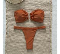 Set bikini da donna 2 pezzi per Spring Break, top bandeau senza spalline con decorazione in metallo e perizoma, colore unito semplice, per vacanze estive al mare L,M,S,XSTessuto