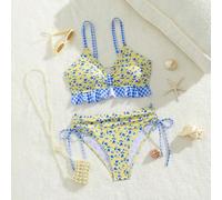 Set bikini da donna a 2 pezzi con patchwork floreale, quadri e pizzo, adatto per vacanze estive in isola, nuoto e spiaggia L,M,S,XL,XSquadriTessuto