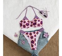 Set bikini da donna a 2 pezzi con stampa floreale, piatto, con collo appeso, adatto per vacanze estive in isola, nuoto e spiaggia L,M,S,XSGeometricoTessuto