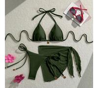 Set bikini da donna a 3 pezzi con pendente metallico, collo alto e laccio sulla schiena, colore unito, adatto per vacanze al mare L,M,S,XSColore unicoTessuto