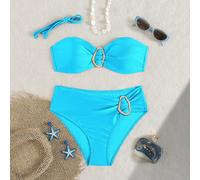 Set bikini da donna a due pezzi con scollo all'americana di colore unito, con accessorio in metallo al centro, adatto per vacanze sull'isola L,M,S,XLColore unicoTessuto