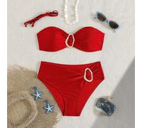 Set bikini da donna a tinta unita con spalline sottili, 2 pezzi, con accessorio metallico al centro, adatto per vacanze sull'isola, spiaggia e estate L,M,S,XLColore unicoTessuto
