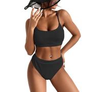 Set bikini da donna, a vita alta, due pezzi, con allacciatura al collo, push up, bikini, bikini, costume da bagno sportivo in due pezzi, costume da bagno da spiaggia, Nero , M