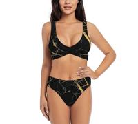 Set bikini da donna color oro nero con carta da parati divisa costume da bagno pantaloncini e top sport acquatici estivi, Nero , S