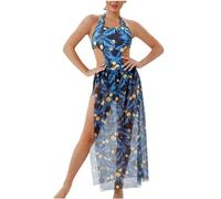 Set bikini da donna con copricostume da bagno e pareo anteriore incrociato top bikini e slip da bagno a vita alta costumi da bagno 3 pezzi costumi da bagno controllo pancia costumi da bagno, #03 Blu