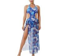 Set bikini da donna con copricostume da bagno e pareo anteriore incrociato top bikini e slip da bagno a vita alta costumi da bagno 3 pezzi costumi da bagno controllo pancia costumi da bagno, #02 blu.,